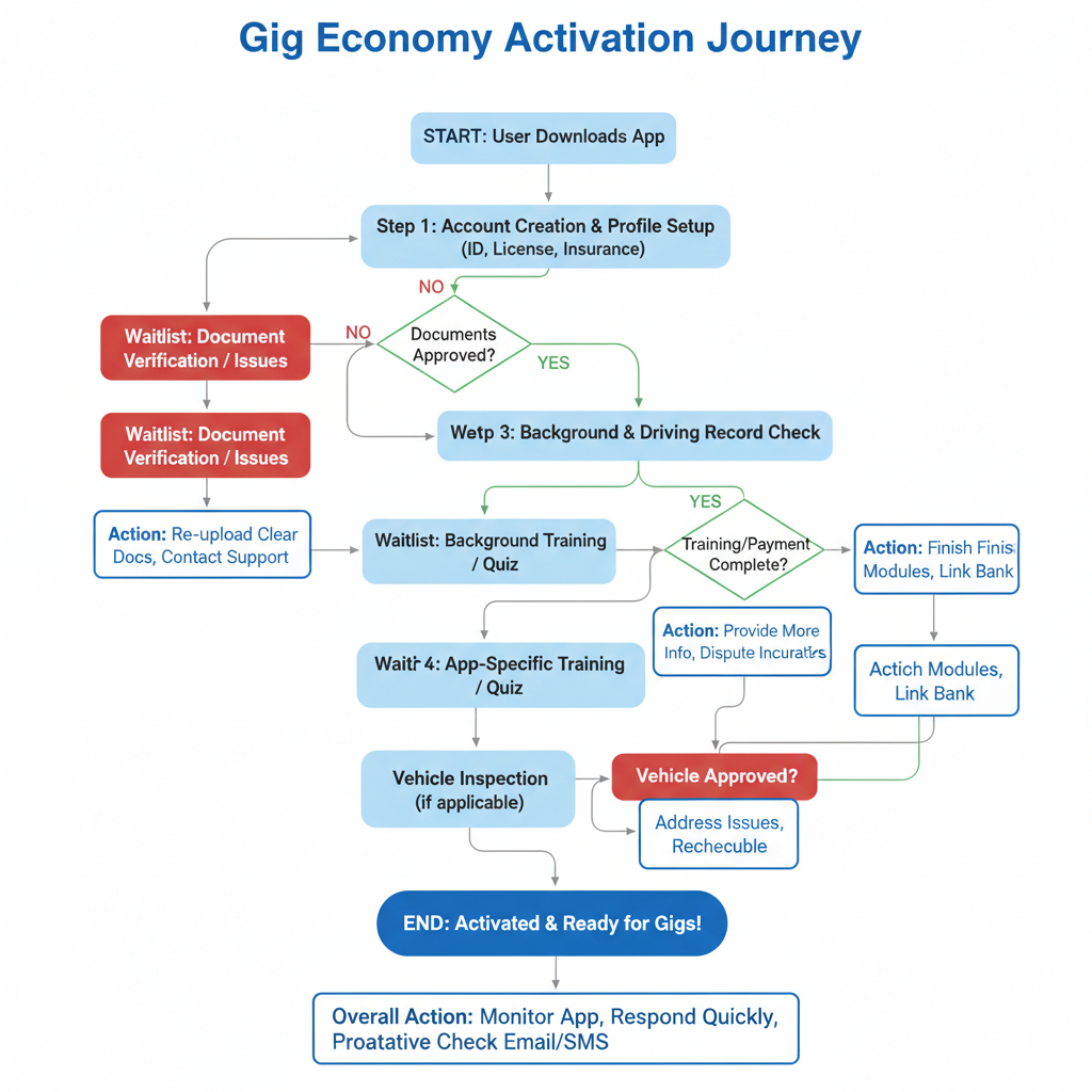 Gig worker application and activation process flowchart